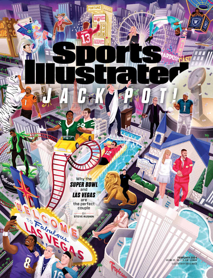 Sports Illustrated cover featuring illustration of various NFL stars within the Las Vegas strip.